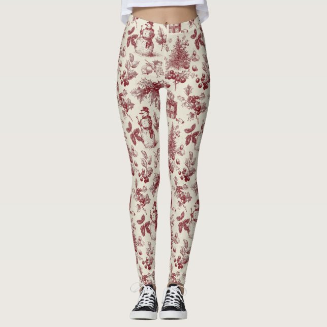 Leggings Vintage Red Toile Christmas Botanical - Holly (Devant)