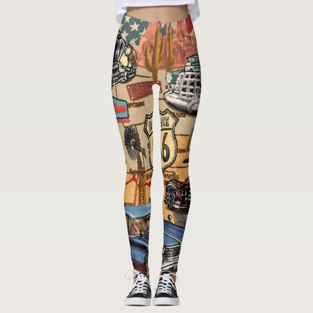 Leggings Vintage Route 66, affiche nostalgique. (Devant)