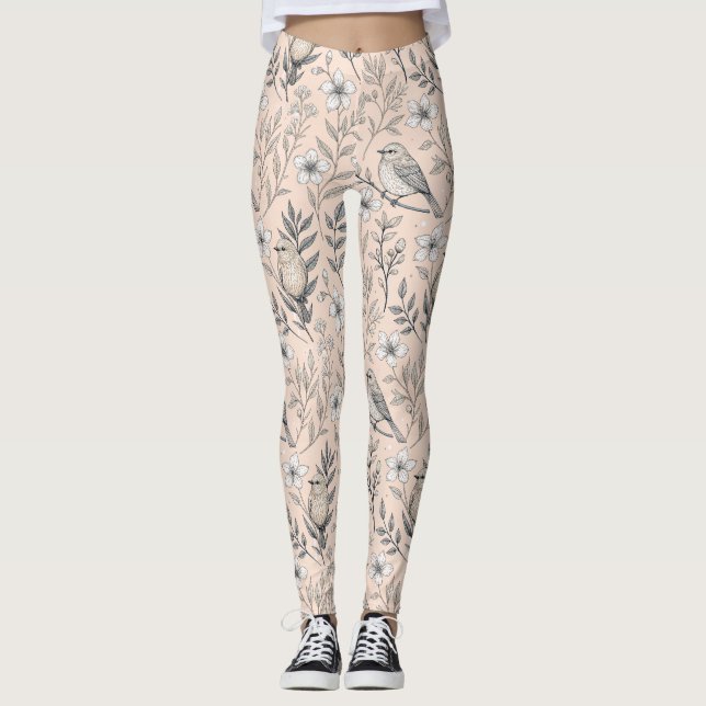 Leggings Vintage Sakura Cerry Blossom & Bird Aesthétiquemen (Devant)