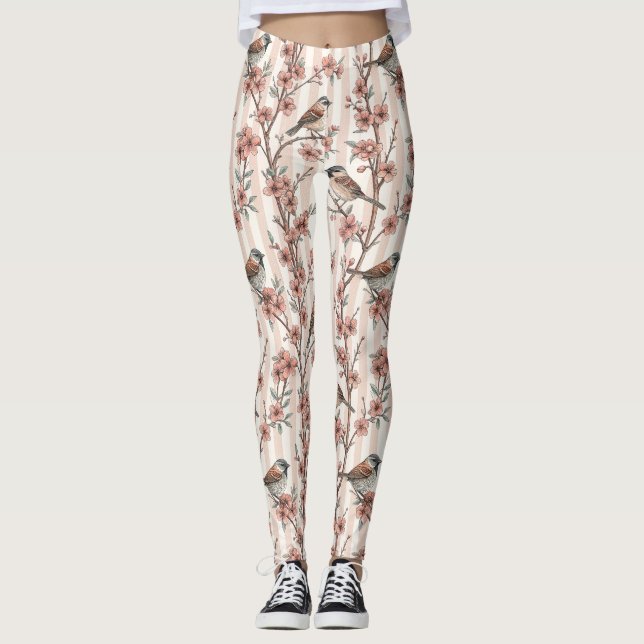 Leggings Vintage Sakura Cerry Blossom & Bird Esthétique 6 (Devant)