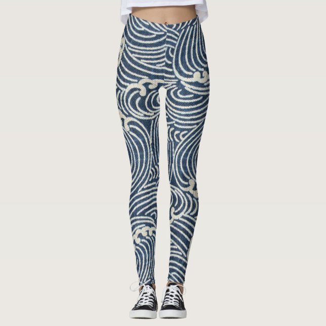Leggings Vintage textile japonais, Motif d'onde (Devant)