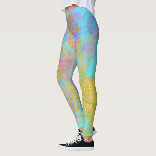 Leggings Violet Abstrait de papillon d'or Aquamarine (Gauche)