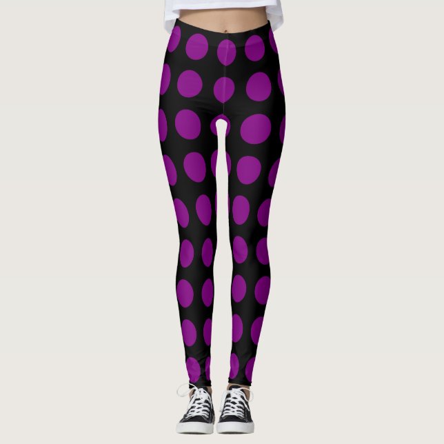 Leggings Violet sur noir grand format Pois horizontaux (Devant)