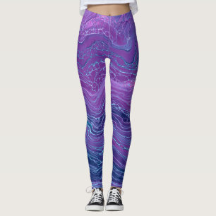 Leggings Violet Violet Bleu Marbré Acrylique Abstraction