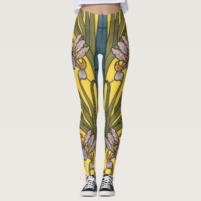 Leggings Vitrail Art Nouveau Fleur d'Iris Bleu Or (Devant)