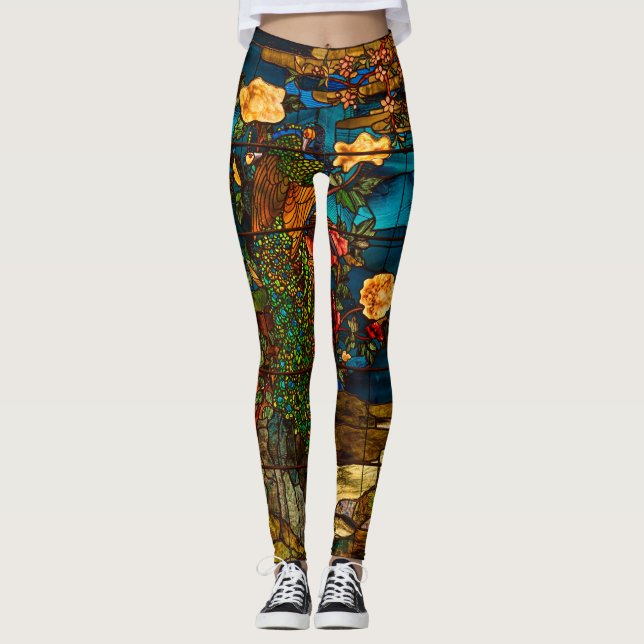Leggings Vitraux anciens avec paons et fleurs (Devant)