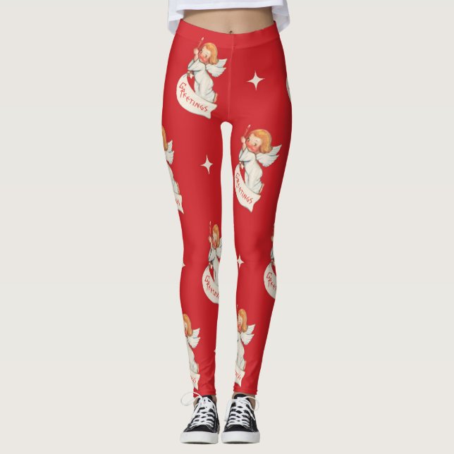 Leggings Voeux de Noël vintage, Anges avec étoiles (Devant)