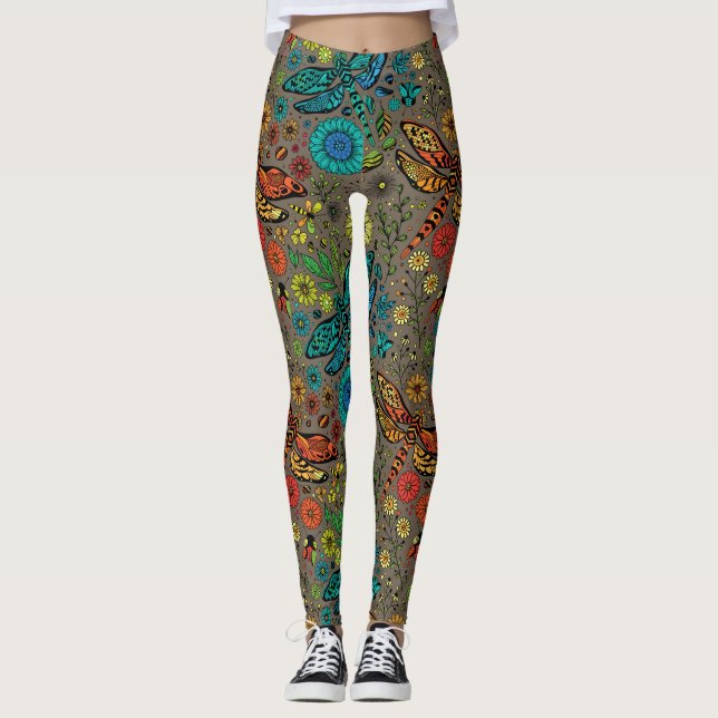 Leggings Voler, libellule de mouche sur brun (Devant)
