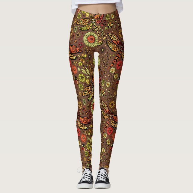Leggings Voler, voler libellule sur la cannelle brun (Devant)