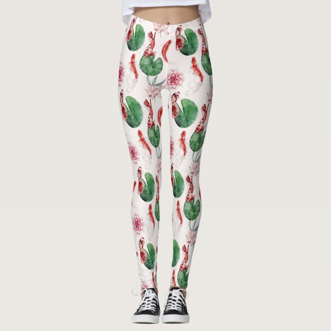 Leggings Watercolor Art Koi Fish Lotus Lily Pad (Devant)