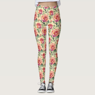 Leggings Watercolor Roses In Shades Of Coral And Magenta