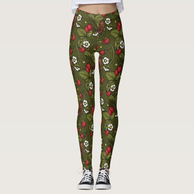 Leggings Wens et fraises sur vert foncé (Devant)