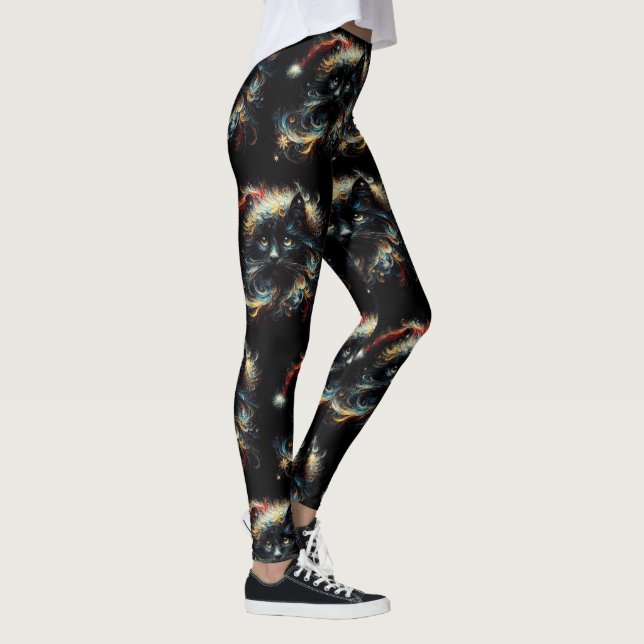 Leggings Whimsical Long Cheveux Chat noir Père Noël Casquet (Droite)