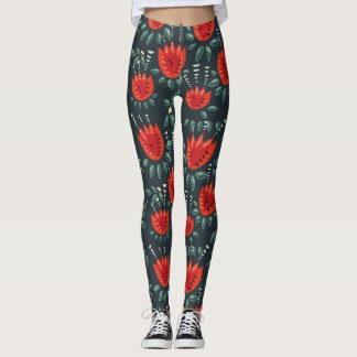 Leggings Whimsical Red Tulips Floral Art - Printemps Abstra