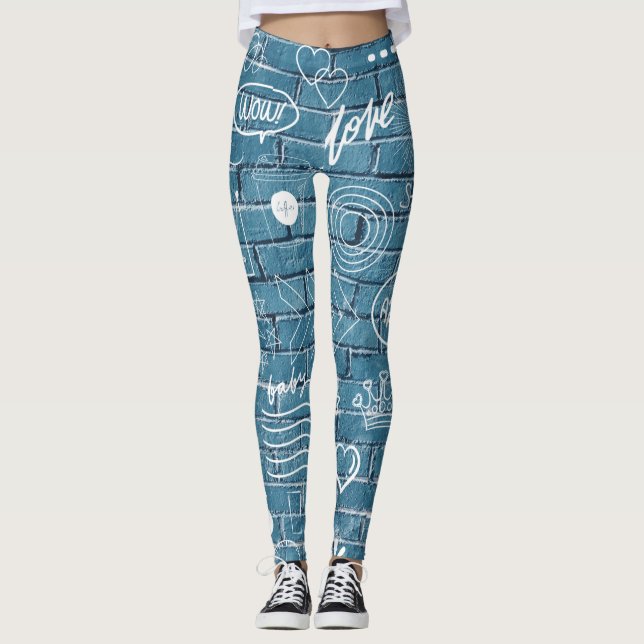 Leggings White graffiti on blue wall wall art (Devant)