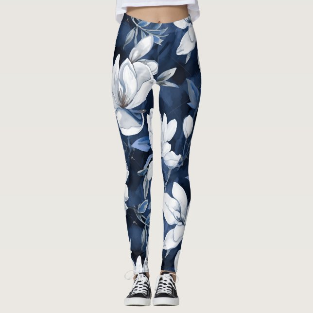 Leggings White Magnolia Motif sur l'arrière - plan de minui (Devant)
