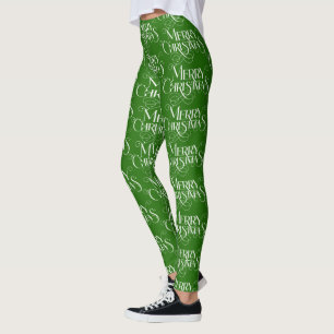 Leggings White On Red Merry Christmas Retro Typographie