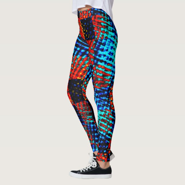Leggings Xadrez azul, laranja, faux sujo ou manchado. (Gauche)