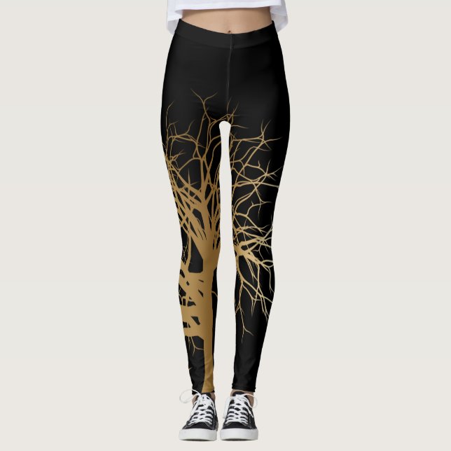 Leggings Yoga Stylé Arbre de Vie Noir Or (Devant)