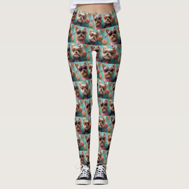Leggings Yorkshire Terrier avec Roses de la Saint-Valentin (Devant)