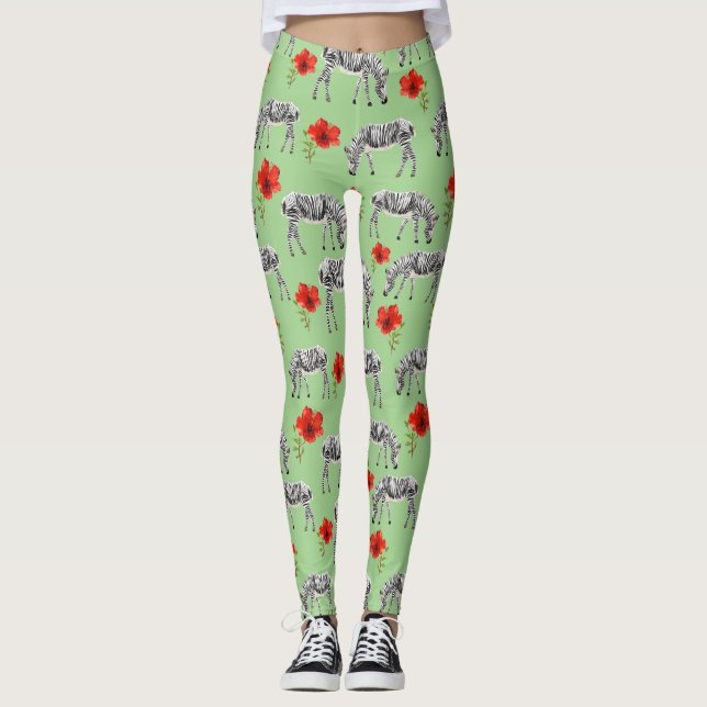 Leggings Zèbres parmi les fleurs d'Hibiscus (Devant)
