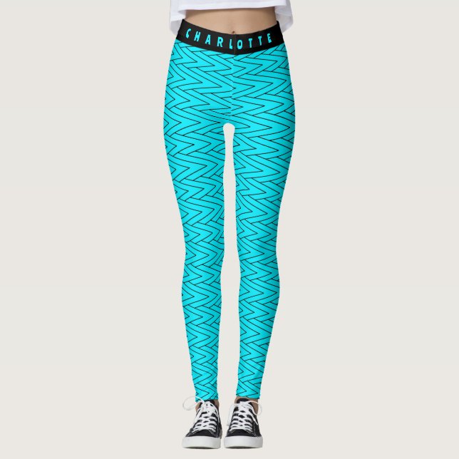 Leggings Zigzag Neon Turquoise Geometry Sports & Yoga Nom (Devant)
