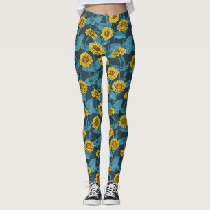 Leggings Zinnias jaune sur bleu foncé