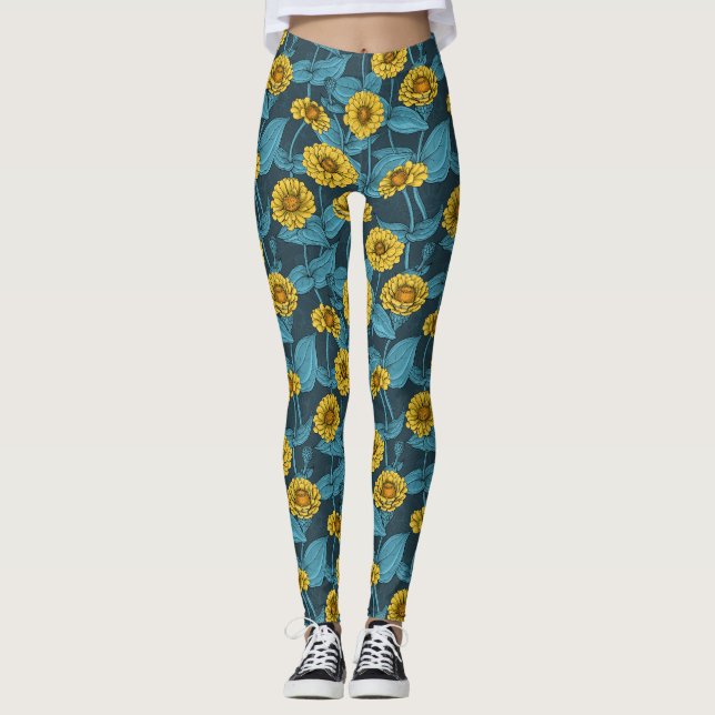 Leggings Zinnias jaune sur bleu foncé (Devant)