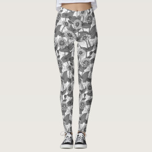 Leggings Zinnias, monochrome sur blanc