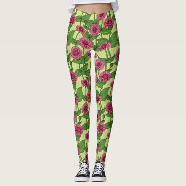 Leggings Zinnias rose sur vert clair (Devant)