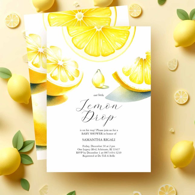 Lemon Baby Shower Invitations Lemondrop Thème (Lemon baby shower invitations feature watercolor citrus with a lemon drop by Victoria Grigaliunas)