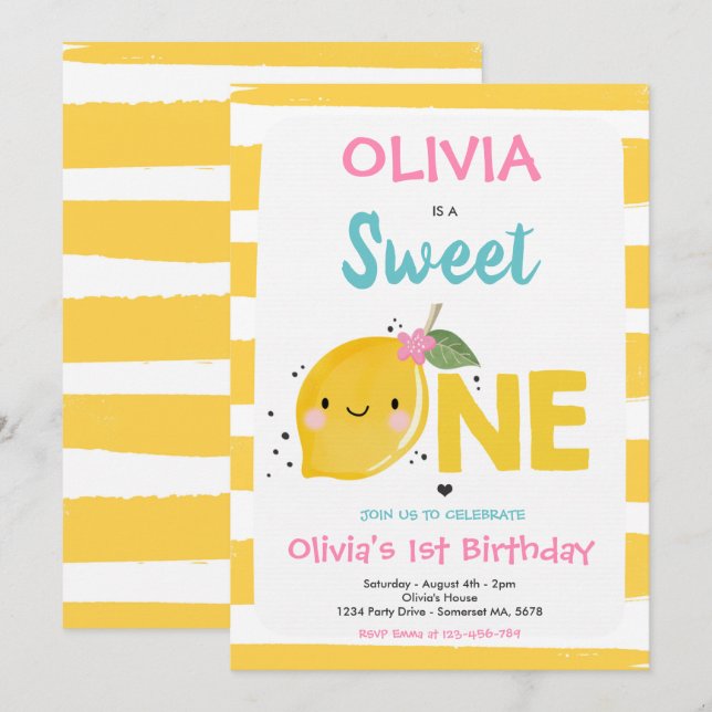 Lemon Birthday Invitation Sweet One 1st Birthday (Devant / Derrière)