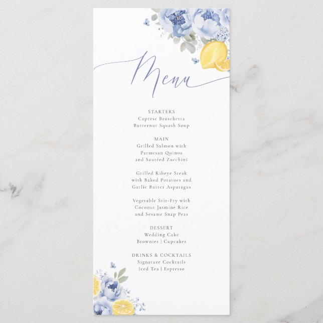 Lemon Blue Floral Bridal Shower Menu Card (Devant)