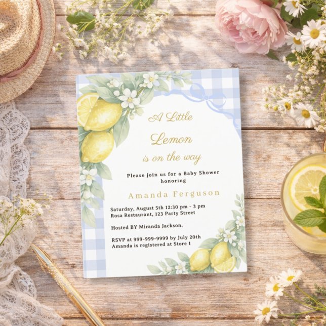 Lemon gingham blue bow boy Baby Shower invitation (Créateur téléchargé)