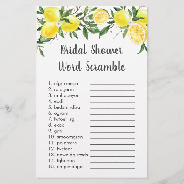Lemon Greenery Gold Bridal Word Scramble Jeu (Devant)