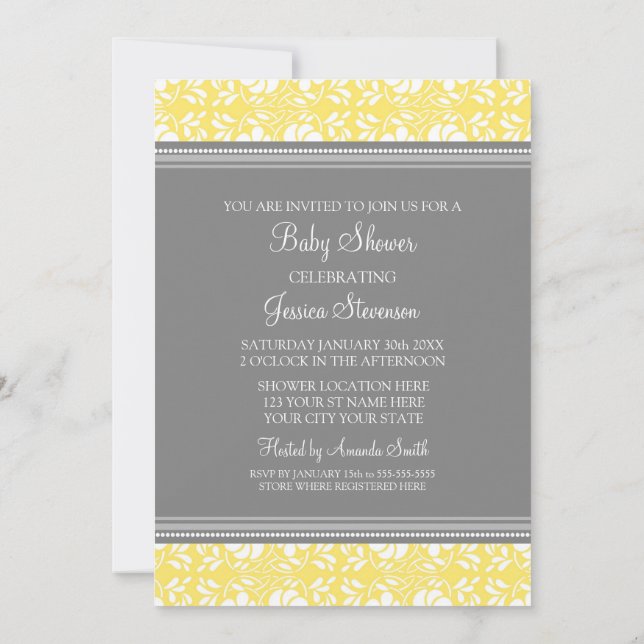 Lemon Grey Damask Custom Baby Shower Invitations (Dos)