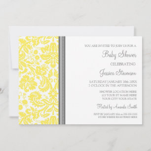 Lemon Grey Damask Custom Baby Shower Invitations