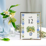 Lemon Grove Italien Inspiré Mariage Numéro de tabl<br><div class="desc">Numéro de table du mariage Lemon Grove. Le design comprend un citronnier au carrelage méditerranéen bleu et jaune. Parfait pour un thème mariage citron, mariage d'inspiration italienne, villa méditerranéenne rustique esthétique, couleurs mariage bleues et jaunes ou mariage extérieur à toute heure de l'année. Pour coordonner les invitations, la papeterie, le...</div>