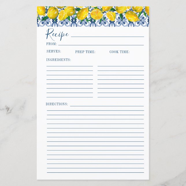 Lemon Italian Blue tile Bridal Shower Recipe Card (Devant)