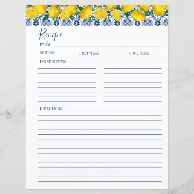 Lemon Italian Blue tile Bridal Shower Recipe Card  (Devant)