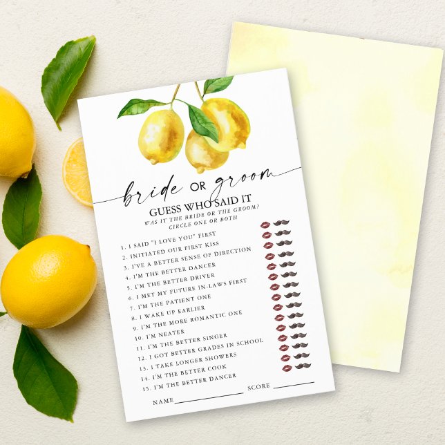 Lemon Who Said it Fête des mariées Games (Entertain and delight your guests with our stylish lemon "Guess who said it" bridal shower game.)