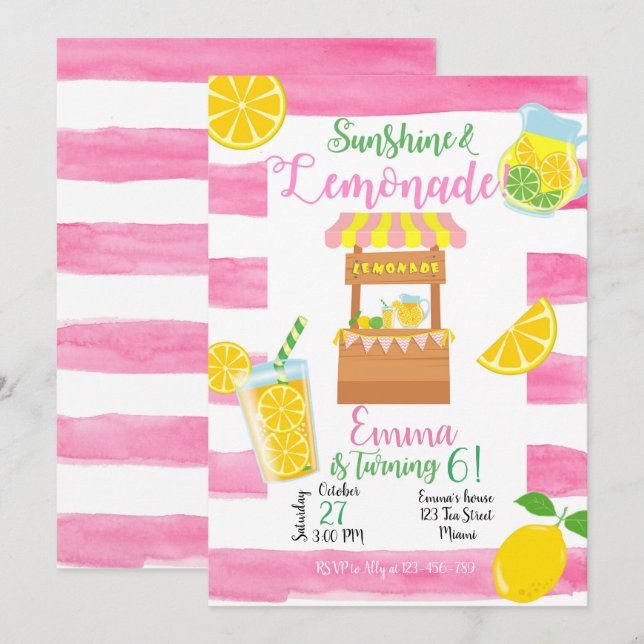 Lemonade Birthday Invitation, Lemonade Invitation (Devant / Derrière)