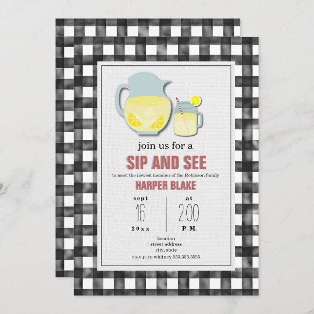 Lemonade Grey En vichy Sip & See Baby Invitation (Devant / Derrière)