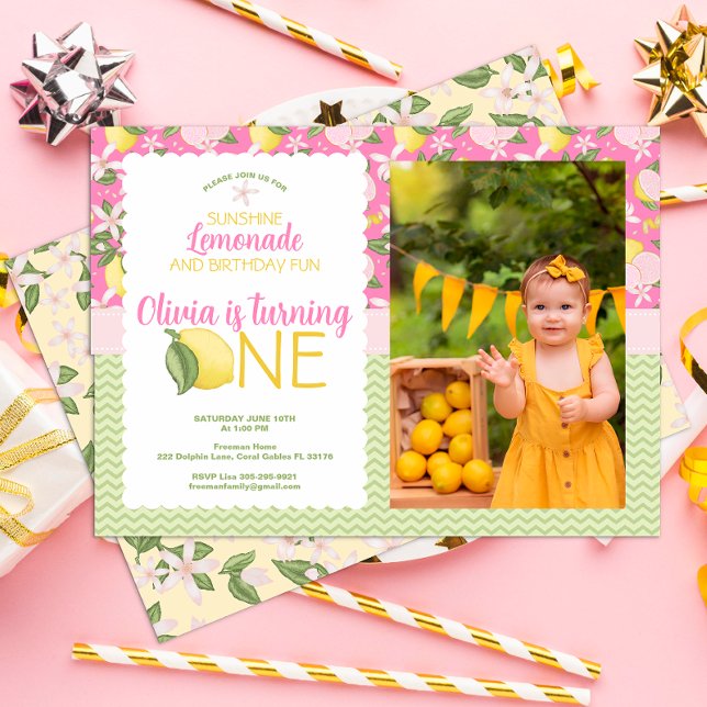 Lemonade rose 1er anniversaire Invitation photo (Créateur téléchargé)