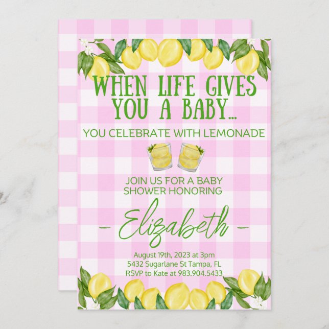 Lemonade Rose Thème Baby shower Invitation (Devant / Derrière)