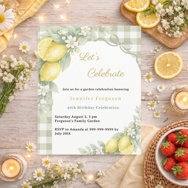Lemons gingham sage garden tea birthday invitation (Créateur téléchargé)