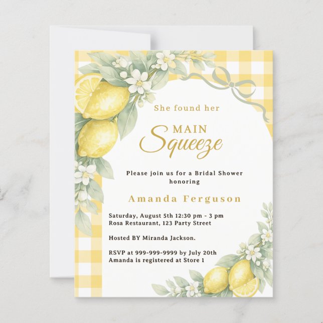 Lemons gingham squeeze Bridal Shower invitation (Devant)