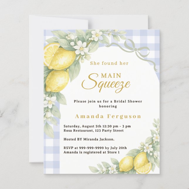 Lemons gingham squeeze Bridal Shower invitation (Devant)