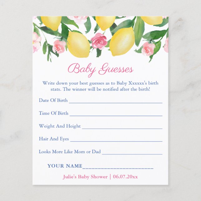 Lemons Positano Guess Baby's Birth Stats Game Card (Devant)