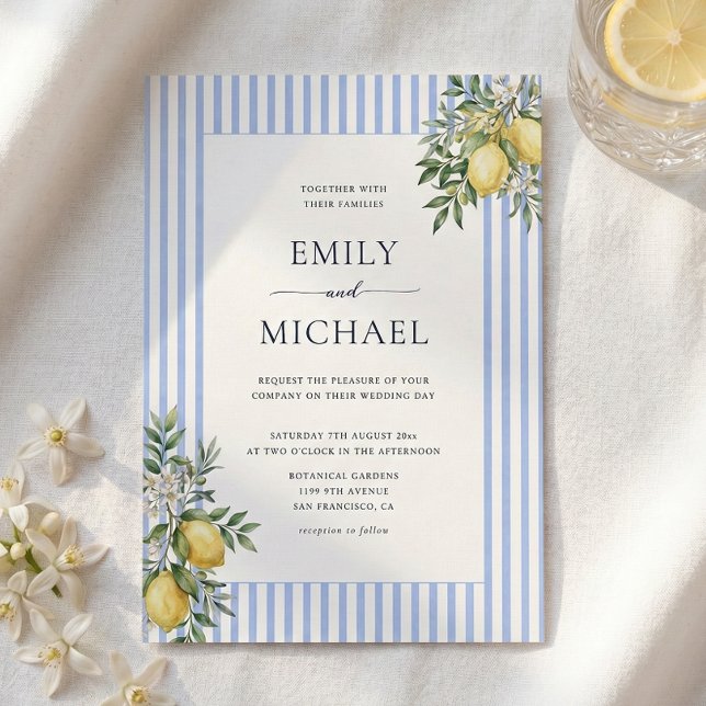 Lemons With Blue Stripes Citrus Wedding Invitation (Créateur téléchargé)